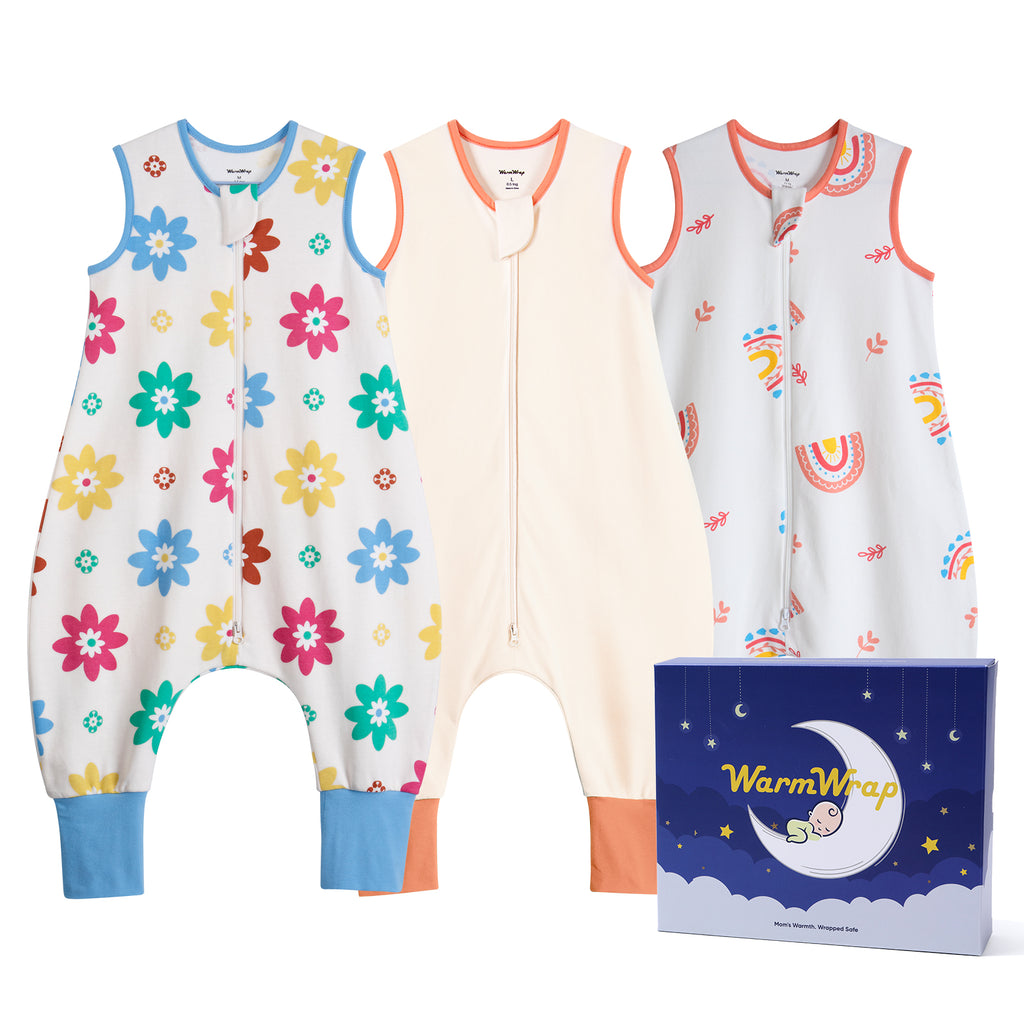 WarmWrap 3 Pack-0.5 Tog Lightweight Summer Toddler Sleep Sack with Feet 100% Cotton Breathable Sleep Sack with Legs 2-Way Zipper Wearable Blanket（Daisy&rainbow&cream）