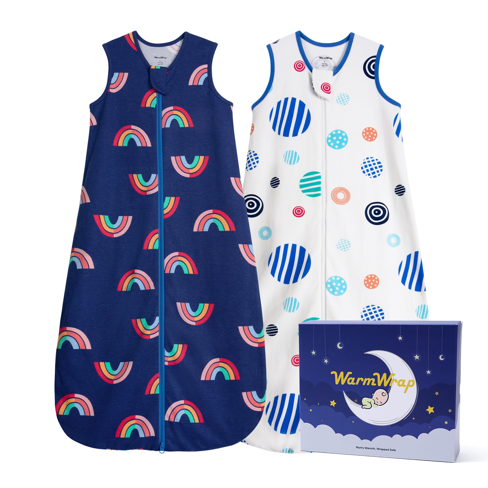 WarmWrap 2 Pack-1.0 Tog All-season-use Baby Sleep Sack 100% Cotton Soft Breathable Sleeping Bag 2-Way Zipper Wearable Blanket（Rainbow&dots）