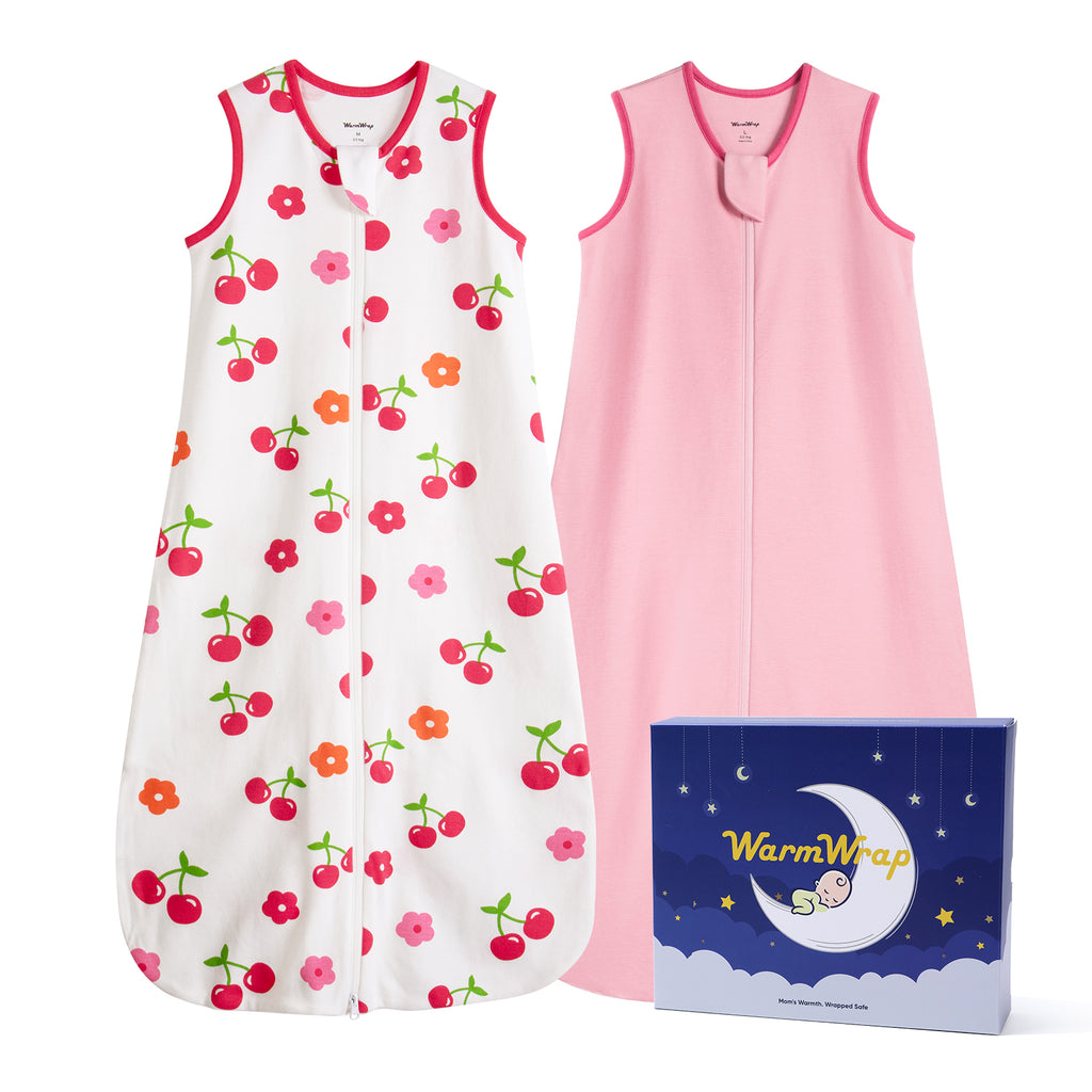 WarmWrap 2 Pack-1.0 Tog All-season-use Baby Sleep Sack 100% Cotton Soft Breathable Sleeping Bag 2-Way Zipper Wearable Blanket（Cherry&pink）