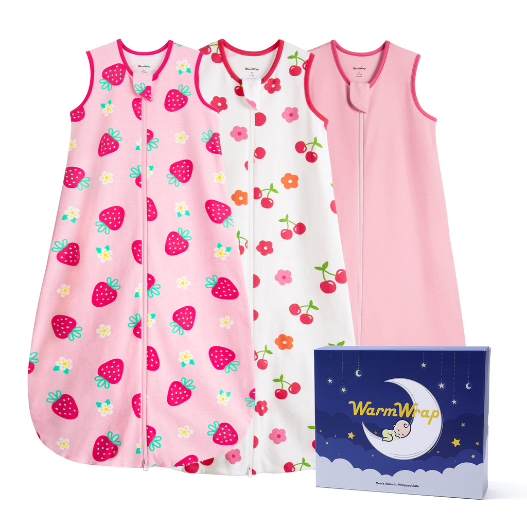 WarmWrap 3 Pack-Lightweight Baby Sleep Sack 100% Cotton Breathable Unisex Sleeping Bag 2-Way Zipper Baby Wearable Blanket 0.5 Tog（Straberry&cherry&pink）