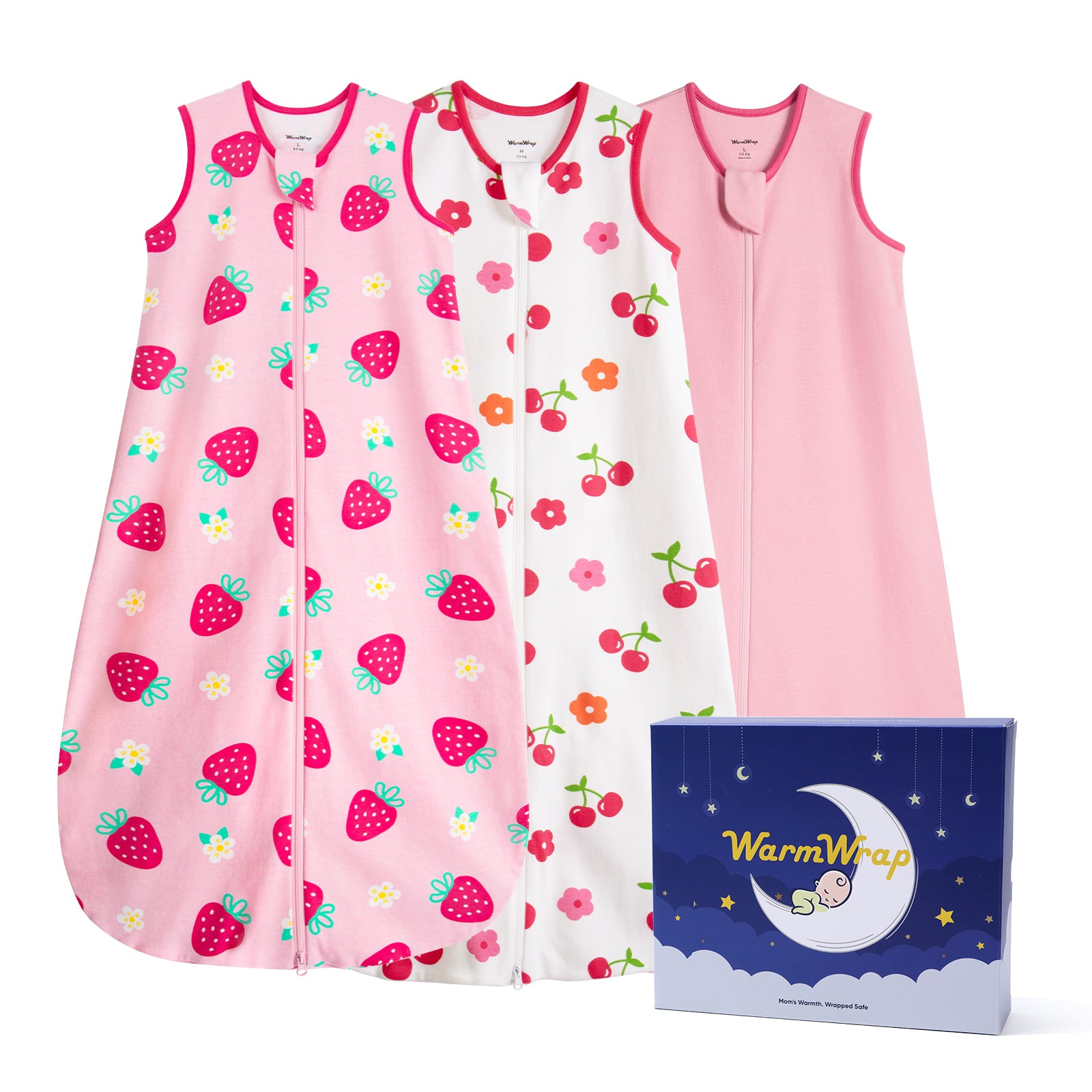 WarmWrap 3 Pack-Lightweight Baby Sleep Sack 100% Cotton Breathable Unisex Sleeping Bag 2-Way Zipper Baby Wearable Blanket 0.5 Tog（Straberry&cherry&pink）