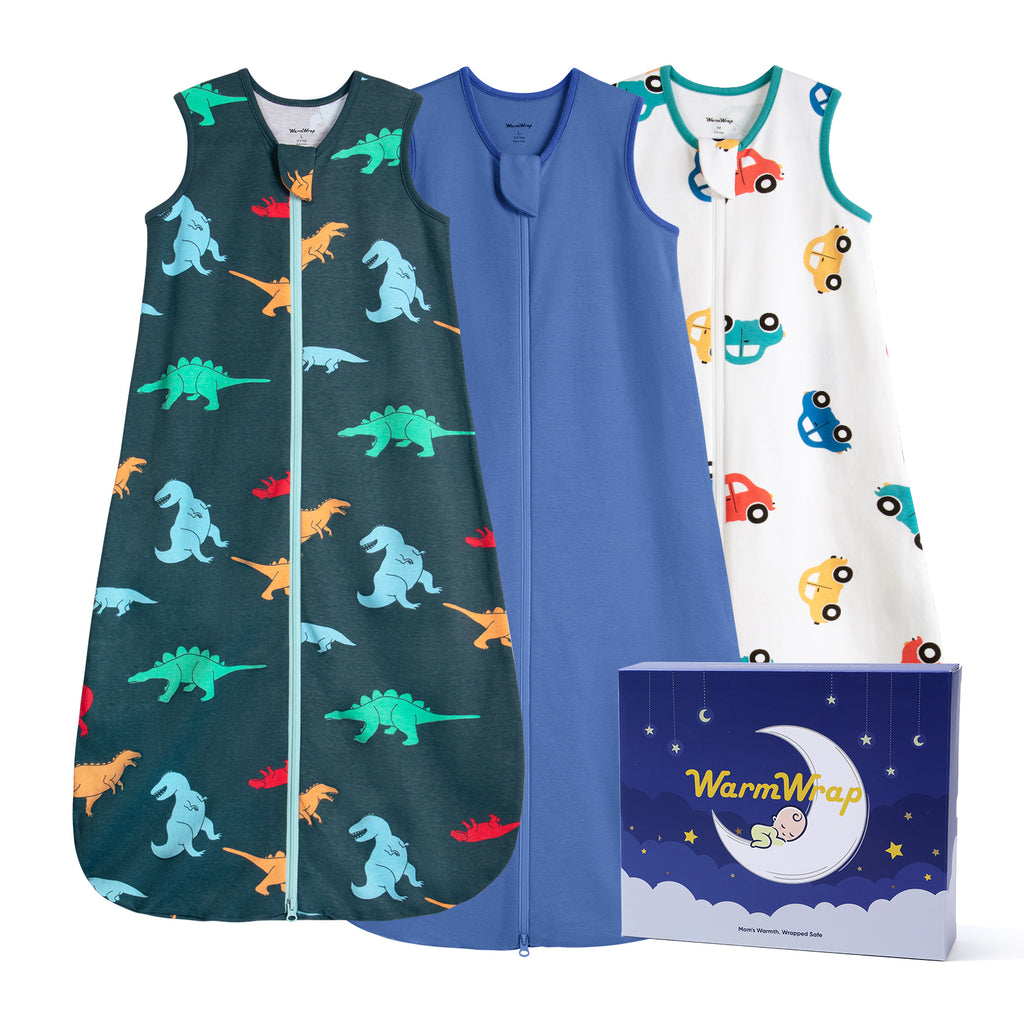 WarmWrap 3 Pack-Lightweight Baby Sleep Sack 100% Cotton Breathable Unisex Sleeping Bag 2-Way Zipper Baby Wearable Blanket 0.5 Tog（Dinos&cars&blue）