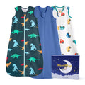 WarmWrap 3 Pack-Lightweight Baby Sleep Sack 100% Cotton Breathable Unisex Sleeping Bag 2-Way Zipper Baby Wearable Blanket 0.5 Tog（Dinos&cars&blue）