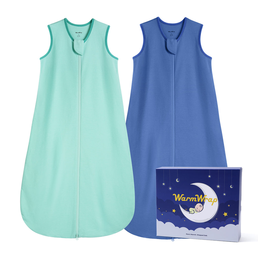 WarmWrap 2 Pack-1.0 Tog All-season-use Baby Sleep Sack 100% Cotton Soft Breathable Sleeping Bag 2-Way Zipper Wearable Blanket（Green&blue）