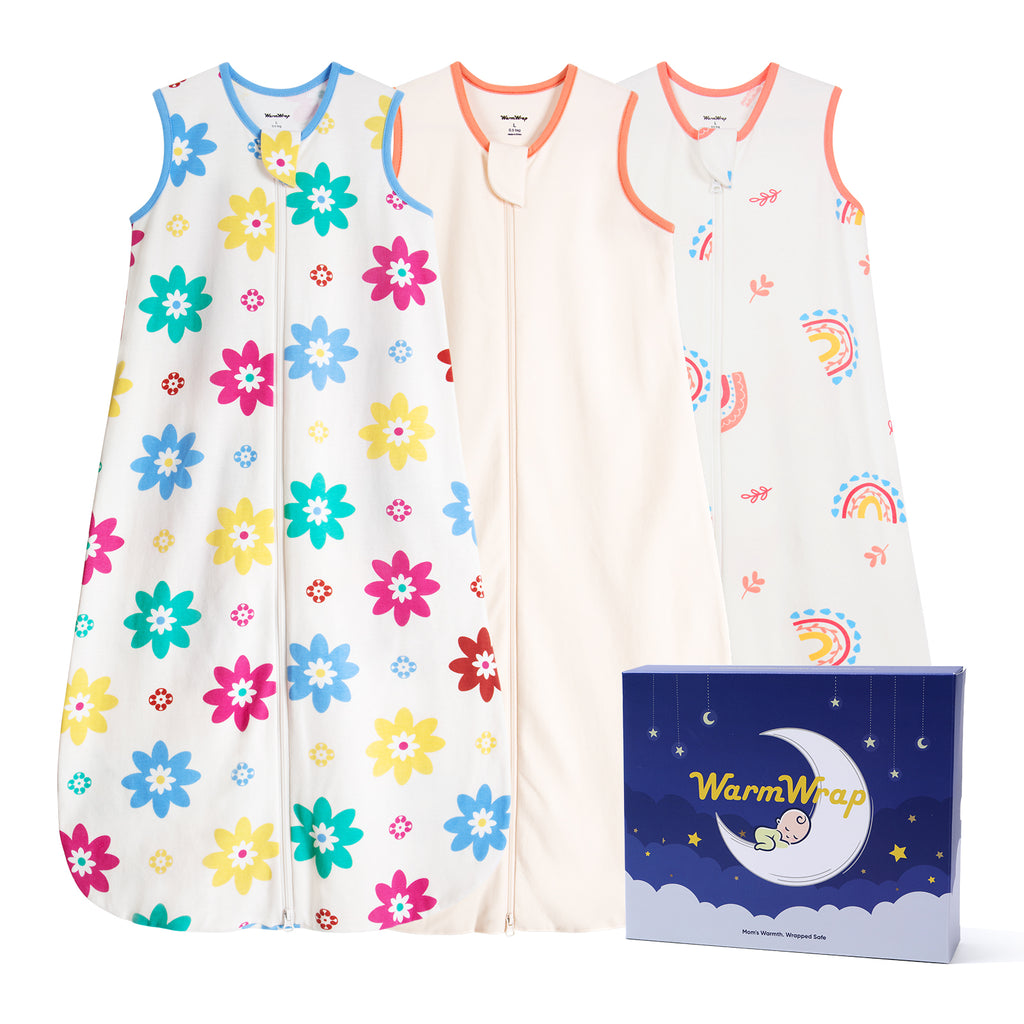 WarmWrap 3 Pack-Lightweight Baby Sleep Sack 100% Cotton Breathable Unisex Sleeping Bag 2-Way Zipper Baby Wearable Blanket 0.5 Tog（Daisy&rainbow&cream）