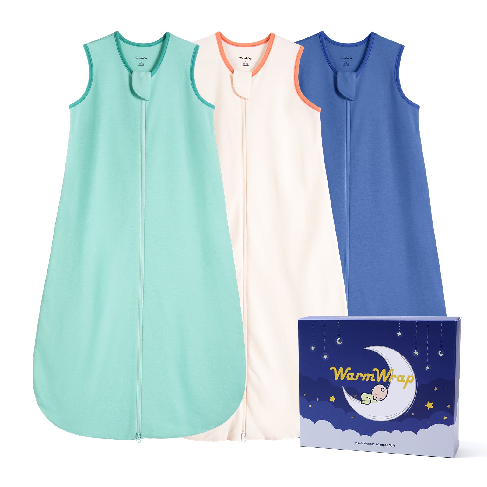 WarmWrap 3 Pack-Lightweight Baby Sleep Sack 100% Cotton Breathable Unisex Sleeping Bag 2-Way Zipper Baby Wearable Blanket 0.5 Tog（Green&blue&cream）
