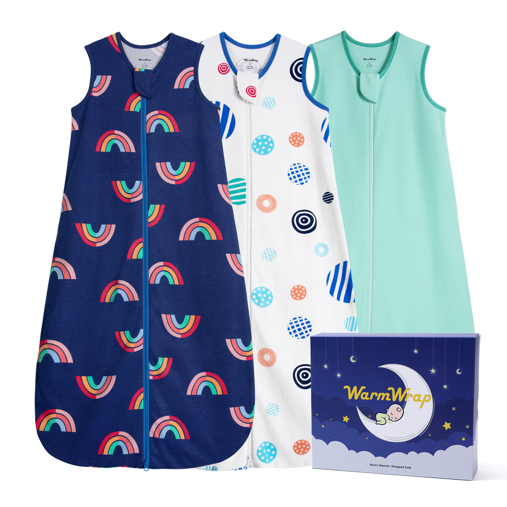 WarmWrap 3 Pack-Lightweight Baby Sleep Sack 100% Cotton Breathable Unisex Sleeping Bag 2-Way Zipper Baby Wearable Blanket 0.5 Tog（Rainbow&dots&green）