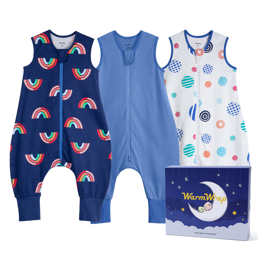 WarmWrap 3 Pack-0.5 Tog Lightweight Summer Toddler Sleep Sack with Feet 100% Cotton Breathable Sleep Sack with Legs 2-Way Zipper Wearable Blanket（Rainbow&dots&blue）