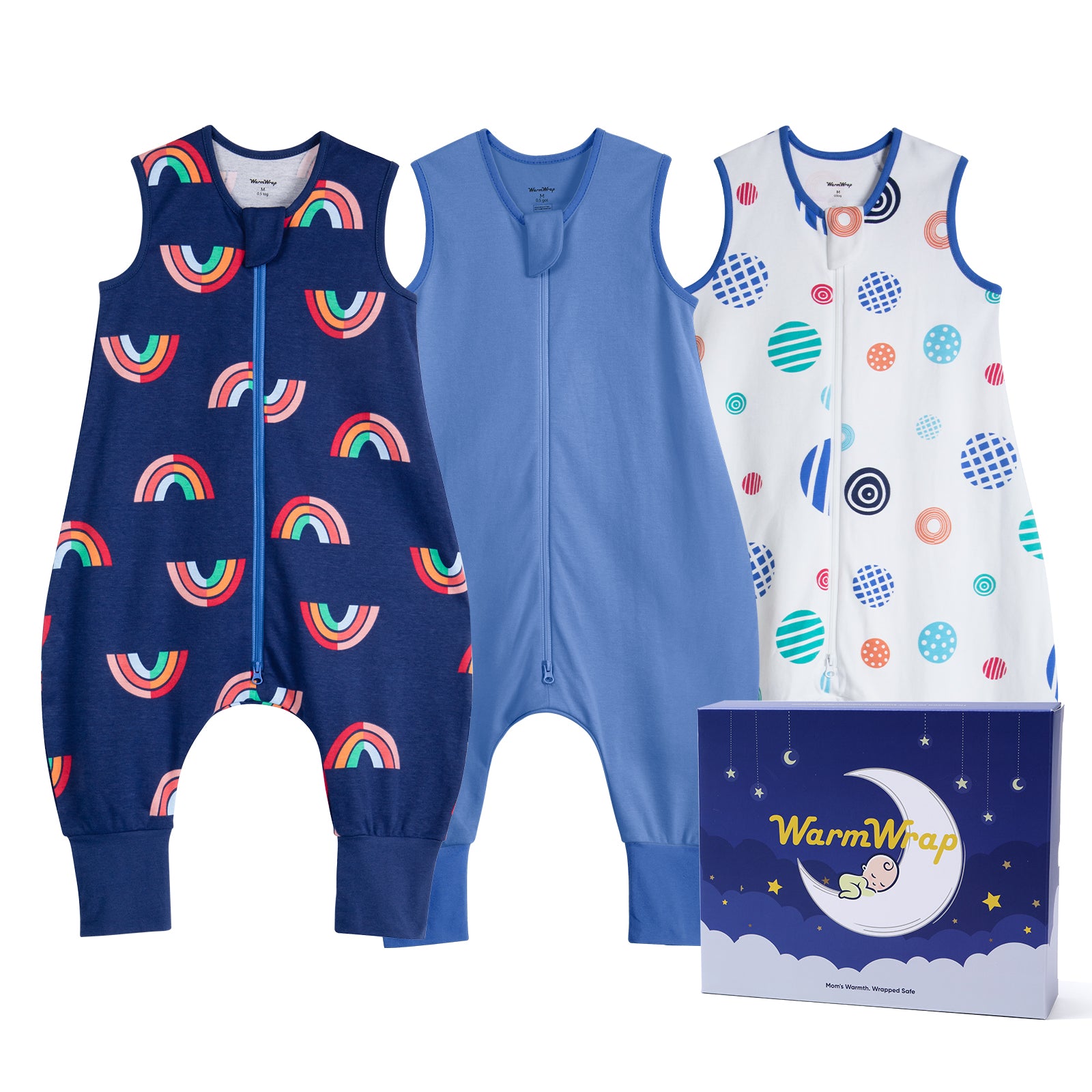 WarmWrap 3 Pack-0.5 Tog Lightweight Summer Toddler Sleep Sack with Feet 100% Cotton Breathable Sleep Sack with Legs 2-Way Zipper Wearable Blanket（Rainbow&dots&blue）