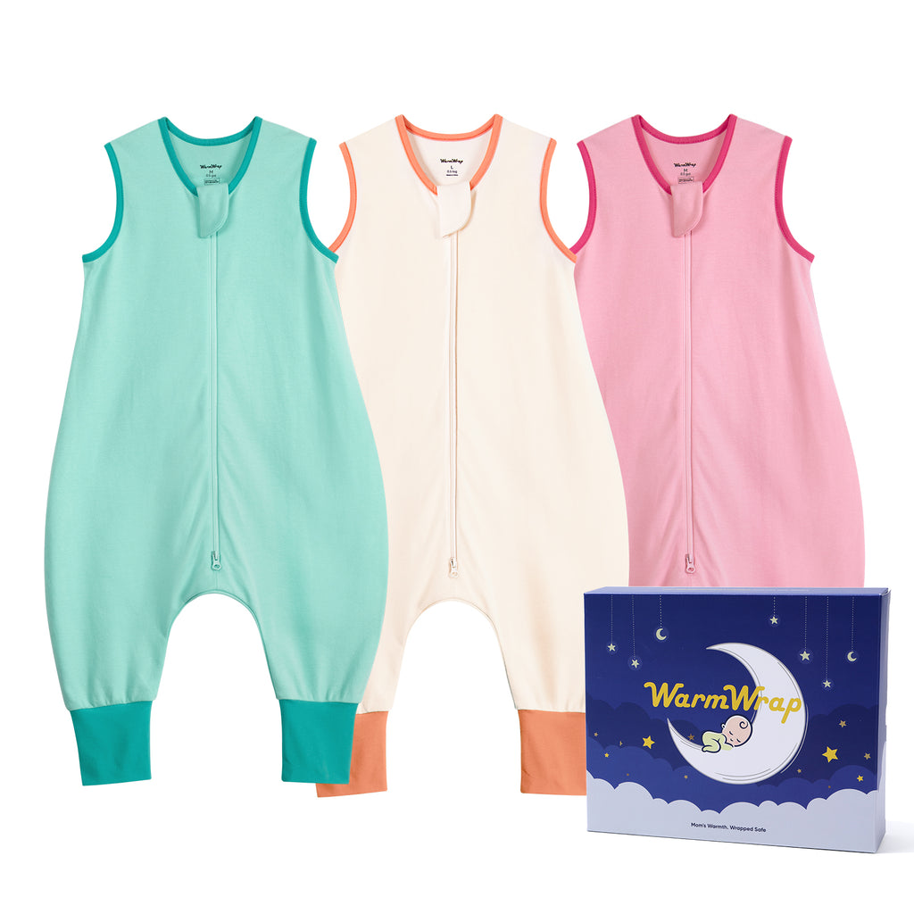 WarmWrap 3 Pack-0.5 Tog Lightweight Summer Toddler Sleep Sack with Feet 100% Cotton Breathable Sleep Sack with Legs 2-Way Zipper Wearable Blanket（Pink&green&cream）