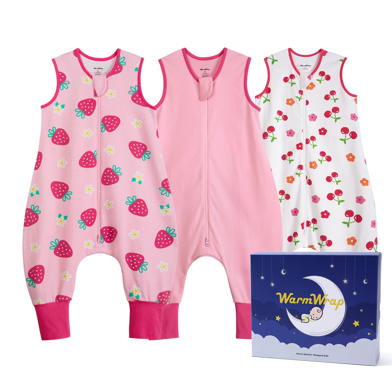WarmWrap 3 Pack-0.5 Tog Lightweight Summer Toddler Sleep Sack with Feet 100% Cotton Breathable Sleep Sack with Legs 2-Way Zipper Wearable Blanket（Straberry&cherry&pink）
