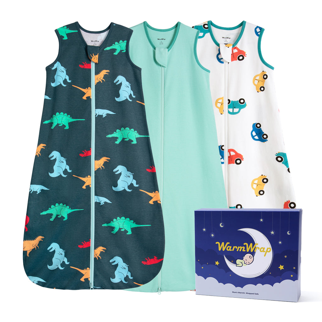 WarmWrap 3 Pack-Lightweight Baby Sleep Sack 100% Cotton Breathable Unisex Sleeping Bag 2-Way Zipper Baby Wearable Blanket 0.5 Tog（Dinos&cars&green）