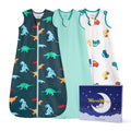 WarmWrap 3 Pack-Lightweight Baby Sleep Sack 100% Cotton Breathable Unisex Sleeping Bag 2-Way Zipper Baby Wearable Blanket 0.5 Tog（Dinos&cars&green）