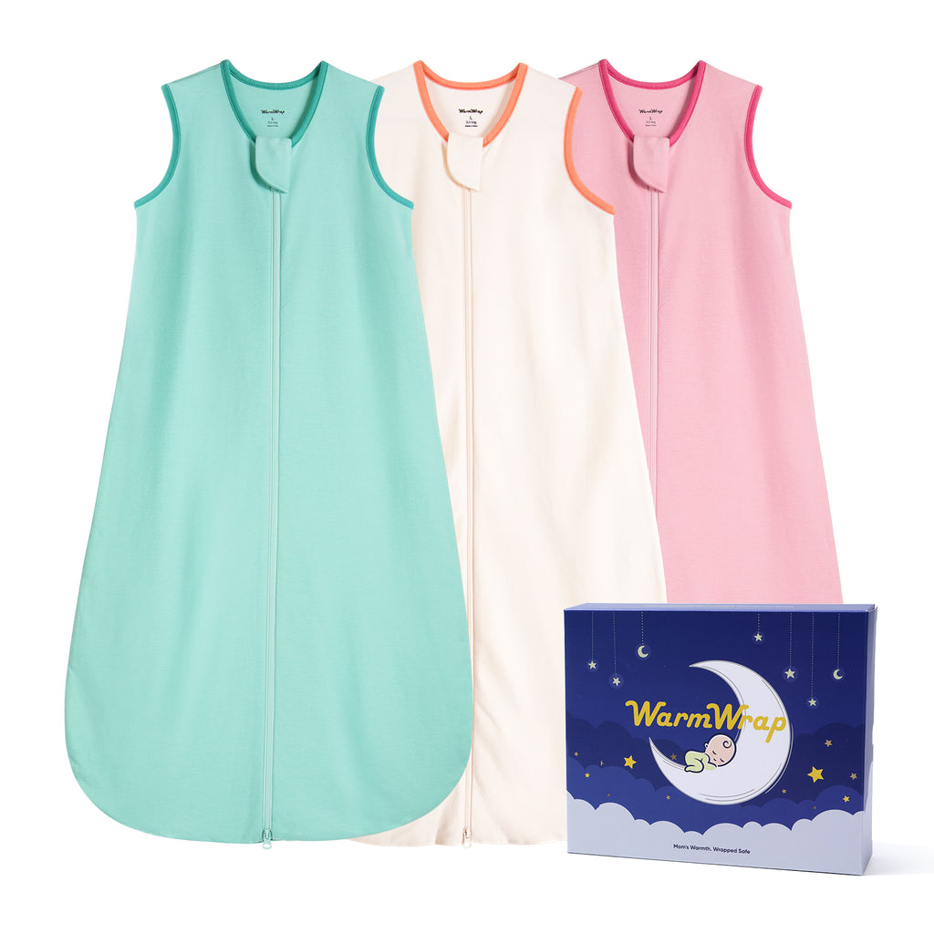 WarmWrap 3 Pack-Lightweight Baby Sleep Sack 100% Cotton Breathable Unisex Sleeping Bag 2-Way Zipper Baby Wearable Blanket 0.5 Tog（Pink&green&cream）