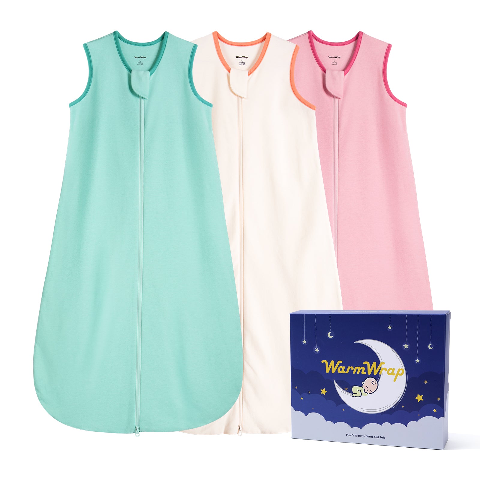 WarmWrap 3 Pack-Lightweight Baby Sleep Sack 100% Cotton Breathable Unisex Sleeping Bag 2-Way Zipper Baby Wearable Blanket 0.5 Tog（Pink&green&cream）