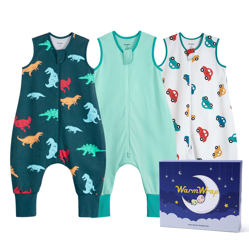 WarmWrap 3 Pack-0.5 Tog Lightweight Summer Toddler Sleep Sack with Feet 100% Cotton Breathable Sleep Sack with Legs 2-Way Zipper Wearable Blanket（Dinos&cars&green）