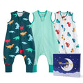 WarmWrap 3 Pack-0.5 Tog Lightweight Summer Toddler Sleep Sack with Feet 100% Cotton Breathable Sleep Sack with Legs 2-Way Zipper Wearable Blanket（Dinos&cars&green）