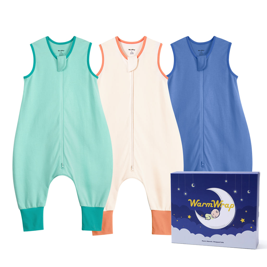 WarmWrap 3 Pack-0.5 Tog Lightweight Summer Toddler Sleep Sack with Feet 100% Cotton Breathable Sleep Sack with Legs 2-Way Zipper Wearable Blanket（Green&blue&cream）