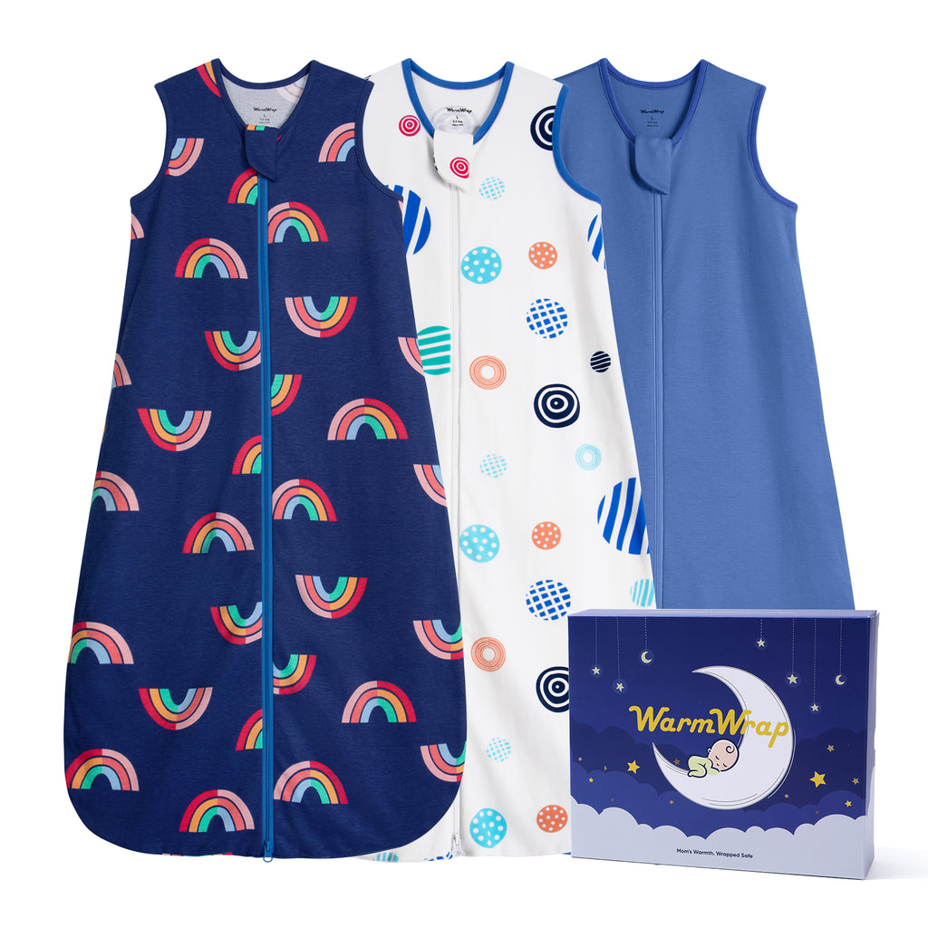 WarmWrap 3 Pack-Lightweight Baby Sleep Sack 100% Cotton Breathable Unisex Sleeping Bag 2-Way Zipper Baby Wearable Blanket 0.5 Tog（Rainbow&dots&blue）