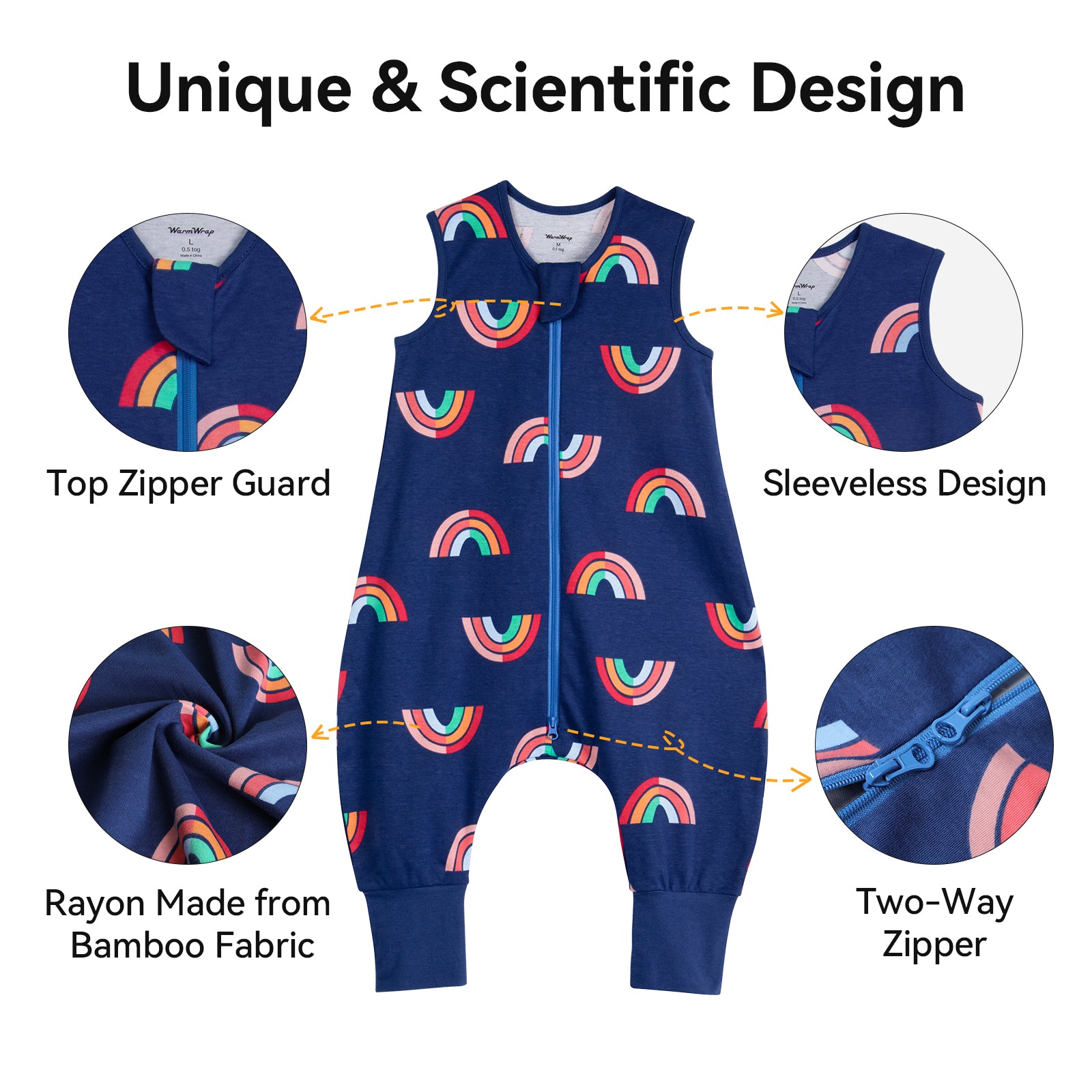 WarmWrap 3 Pack-0.5 Tog Lightweight Summer Toddler Sleep Sack with Feet 100% Cotton Breathable Sleep Sack with Legs 2-Way Zipper Wearable Blanket（Rainbow&dots&blue）