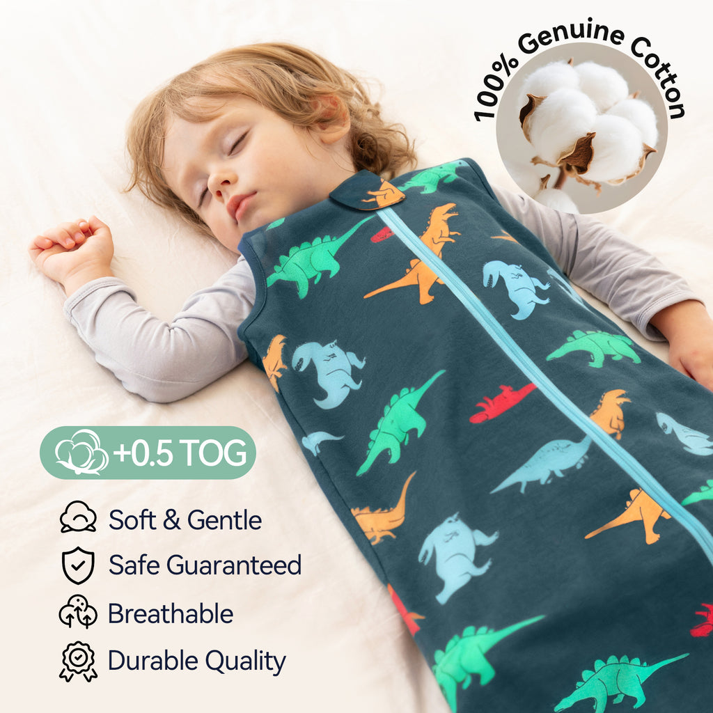 WarmWrap 3 Pack-Lightweight Baby Sleep Sack 100% Cotton Breathable Unisex Sleeping Bag 2-Way Zipper Baby Wearable Blanket 0.5 Tog（Dinos&cars&green）
