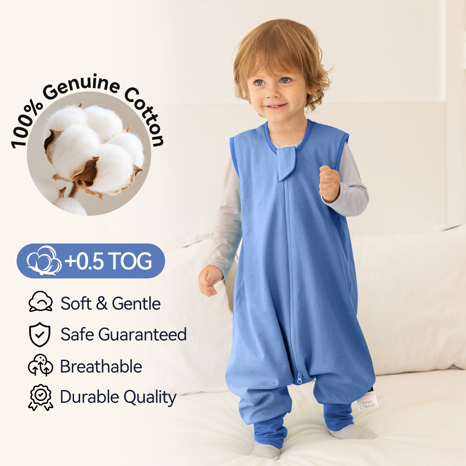 WarmWrap 3 Pack-0.5 Tog Lightweight Summer Toddler Sleep Sack with Feet 100% Cotton Breathable Sleep Sack with Legs 2-Way Zipper Wearable Blanket（Dinos&cars&blue）