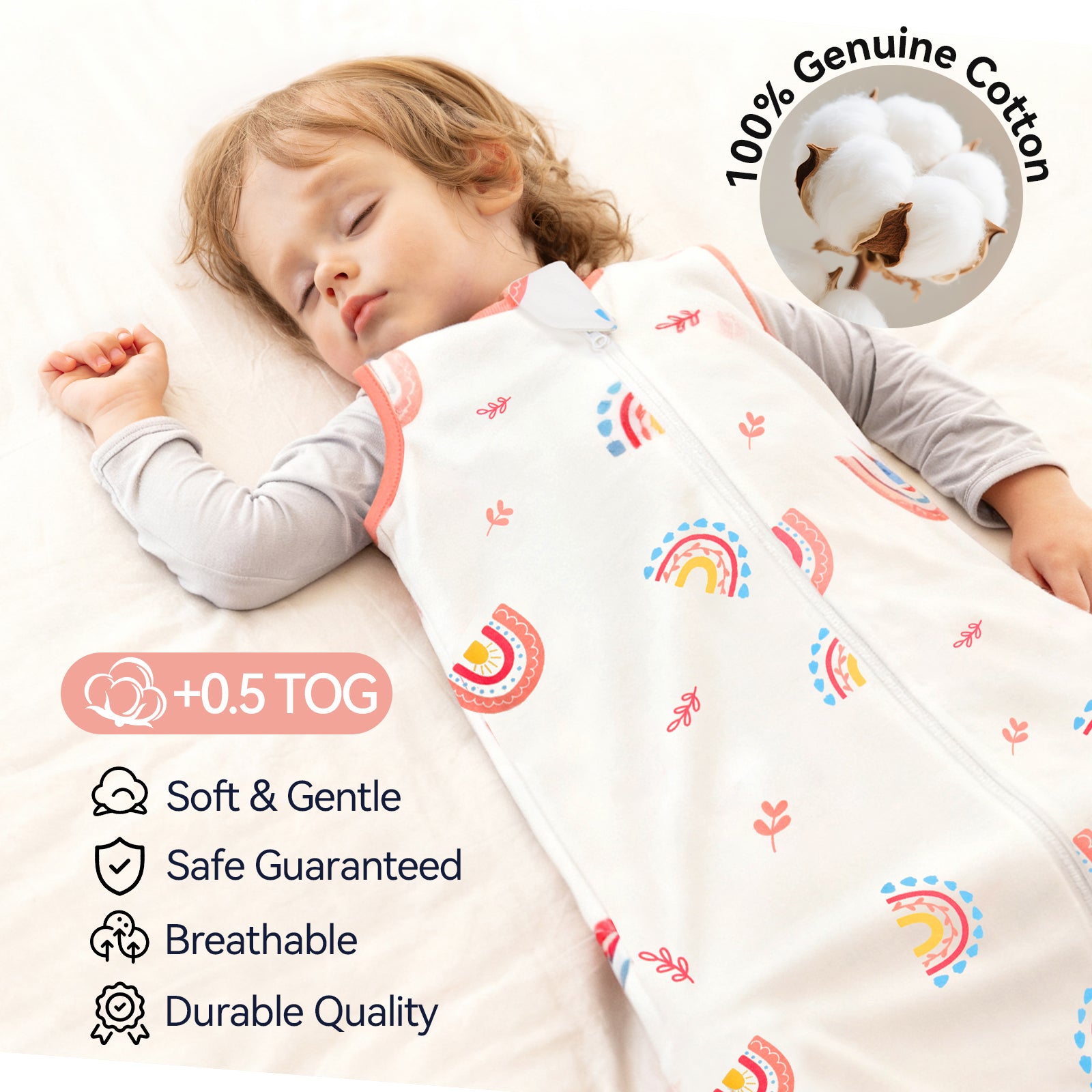 WarmWrap 3 Pack-Lightweight Baby Sleep Sack 100% Cotton Breathable Unisex Sleeping Bag 2-Way Zipper Baby Wearable Blanket 0.5 Tog（Daisy&rainbow&cream）