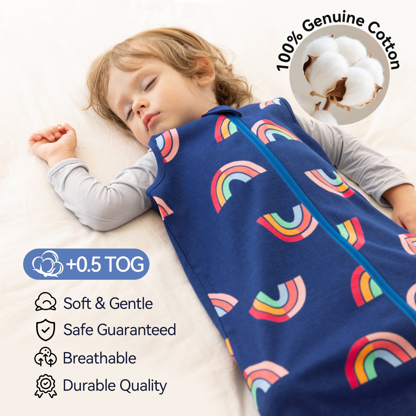 WarmWrap 3 Pack-Lightweight Baby Sleep Sack 100% Cotton Breathable Unisex Sleeping Bag 2-Way Zipper Baby Wearable Blanket 0.5 Tog（Rainbow&dots&blue）
