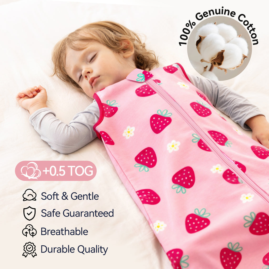 WarmWrap 3 Pack-Lightweight Baby Sleep Sack 100% Cotton Breathable Unisex Sleeping Bag 2-Way Zipper Baby Wearable Blanket 0.5 Tog（Straberry&cherry&cream）