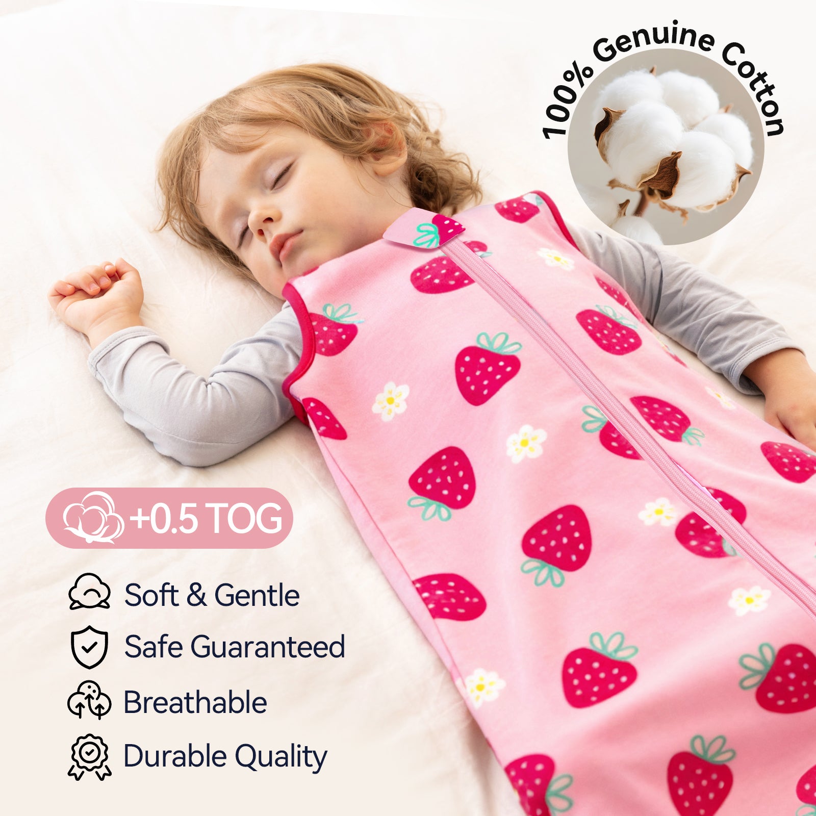 WarmWrap 3 Pack-Lightweight Baby Sleep Sack 100% Cotton Breathable Unisex Sleeping Bag 2-Way Zipper Baby Wearable Blanket 0.5 Tog（Straberry&cherry&cream）