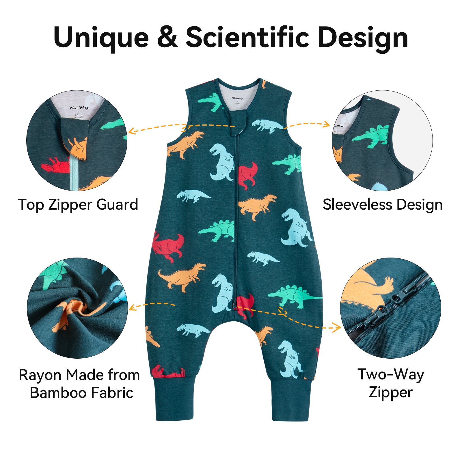 WarmWrap 3 Pack-0.5 Tog Lightweight Summer Toddler Sleep Sack with Feet 100% Cotton Breathable Sleep Sack with Legs 2-Way Zipper Wearable Blanket（Dinos&cars&green）
