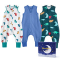 WarmWrap 3 Pack-0.5 Tog Lightweight Summer Toddler Sleep Sack with Feet 100% Cotton Breathable Sleep Sack with Legs 2-Way Zipper Wearable Blanket（Dinos&cars&blue）