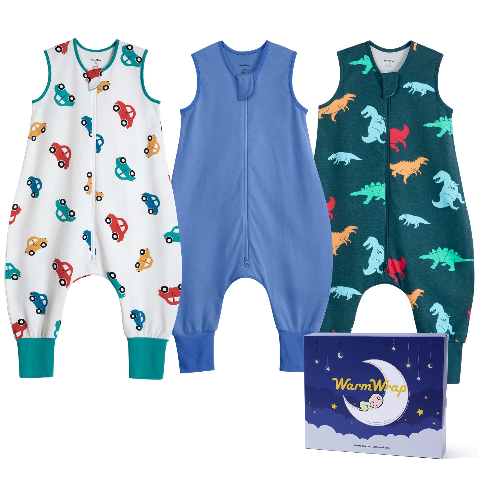 WarmWrap 3 Pack-0.5 Tog Lightweight Summer Toddler Sleep Sack with Feet 100% Cotton Breathable Sleep Sack with Legs 2-Way Zipper Wearable Blanket（Dinos&cars&blue）