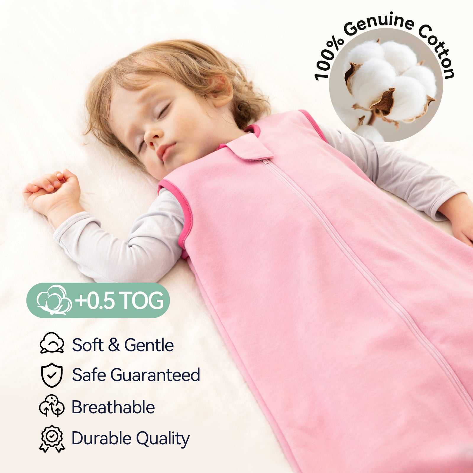 WarmWrap 3 Pack-Lightweight Baby Sleep Sack 100% Cotton Breathable Unisex Sleeping Bag 2-Way Zipper Baby Wearable Blanket 0.5 Tog（Pink&green&cream）