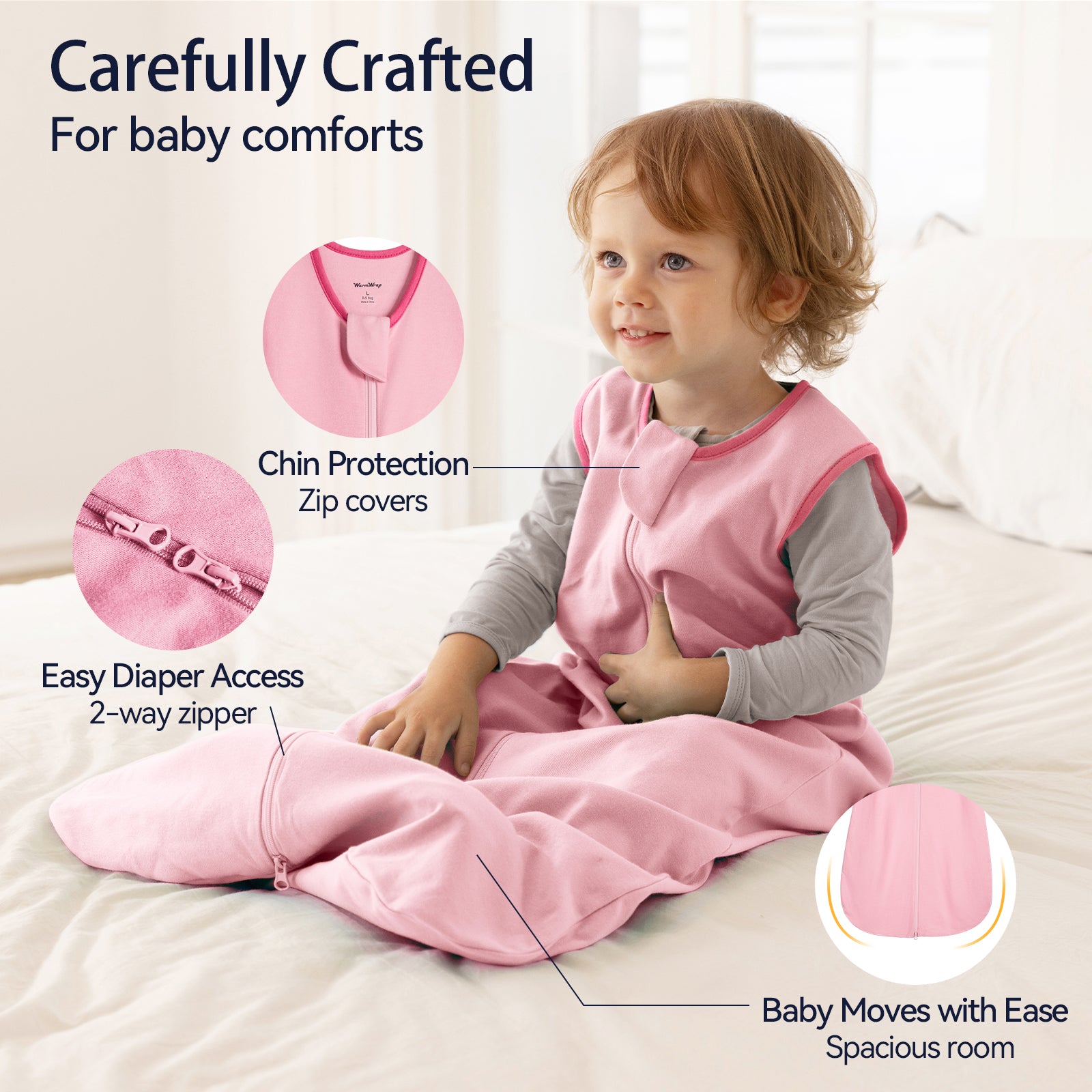 WarmWrap 2 Pack-1.0 Tog All-season-use Baby Sleep Sack 100% Cotton Soft Breathable Sleeping Bag 2-Way Zipper Wearable Blanket（Cherry&pink）