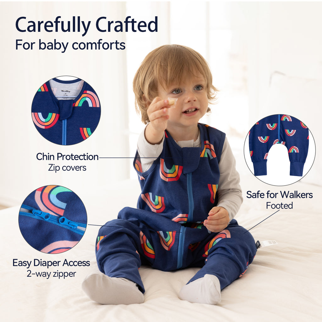 WarmWrap 3 Pack-0.5 Tog Lightweight Summer Toddler Sleep Sack with Feet 100% Cotton Breathable Sleep Sack with Legs 2-Way Zipper Wearable Blanket（Rainbow&dots&green）