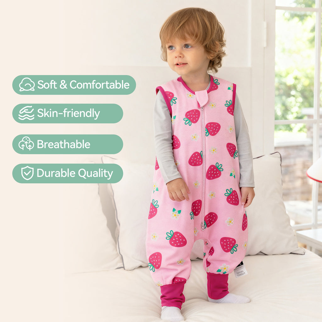 WarmWrap 3 Pack-0.5 Tog Lightweight Summer Toddler Sleep Sack with Feet 100% Cotton Breathable Sleep Sack with Legs 2-Way Zipper Wearable Blanket（Straberry&cherry&pink）