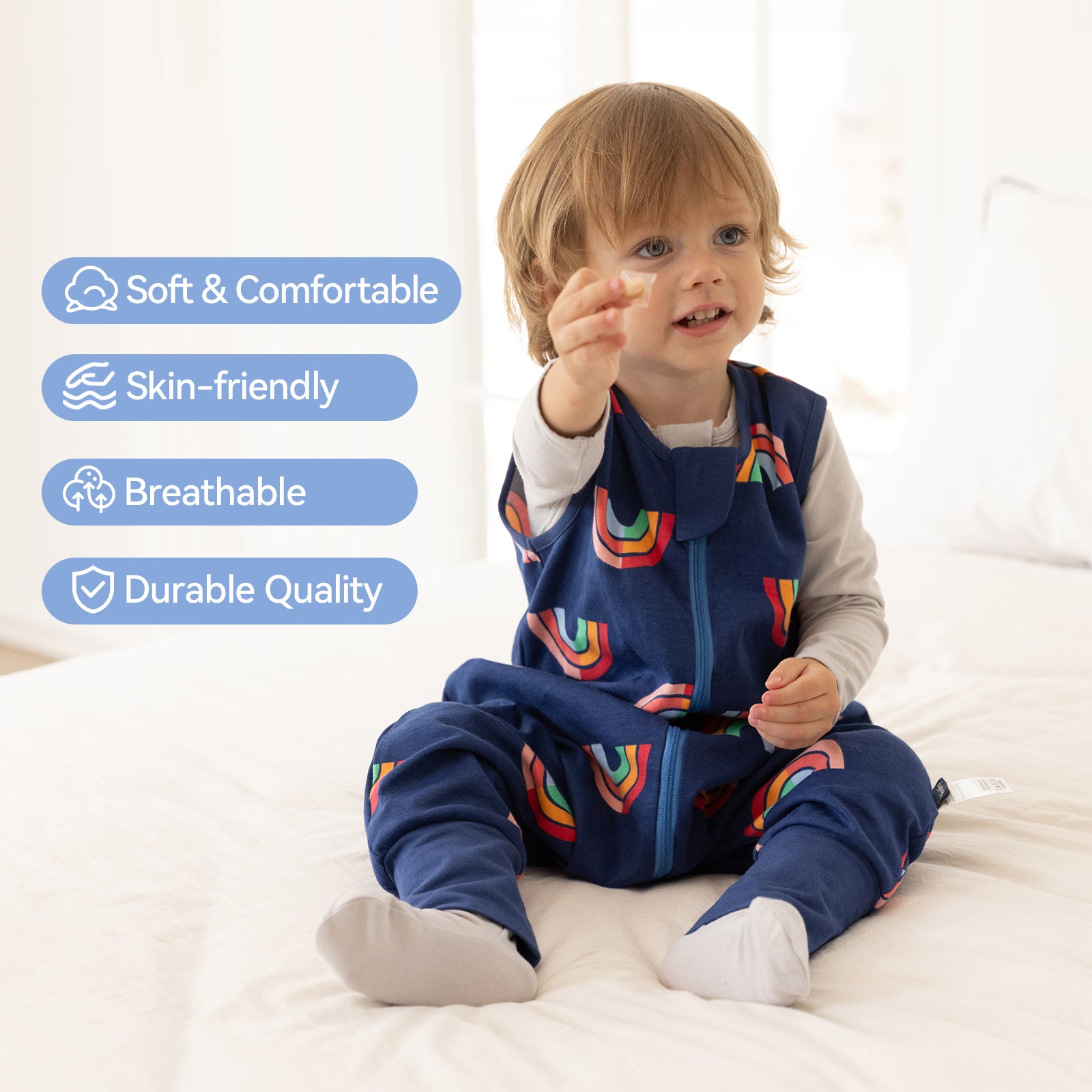 WarmWrap 3 Pack-0.5 Tog Lightweight Summer Toddler Sleep Sack with Feet 100% Cotton Breathable Sleep Sack with Legs 2-Way Zipper Wearable Blanket（Rainbow&dots&blue）