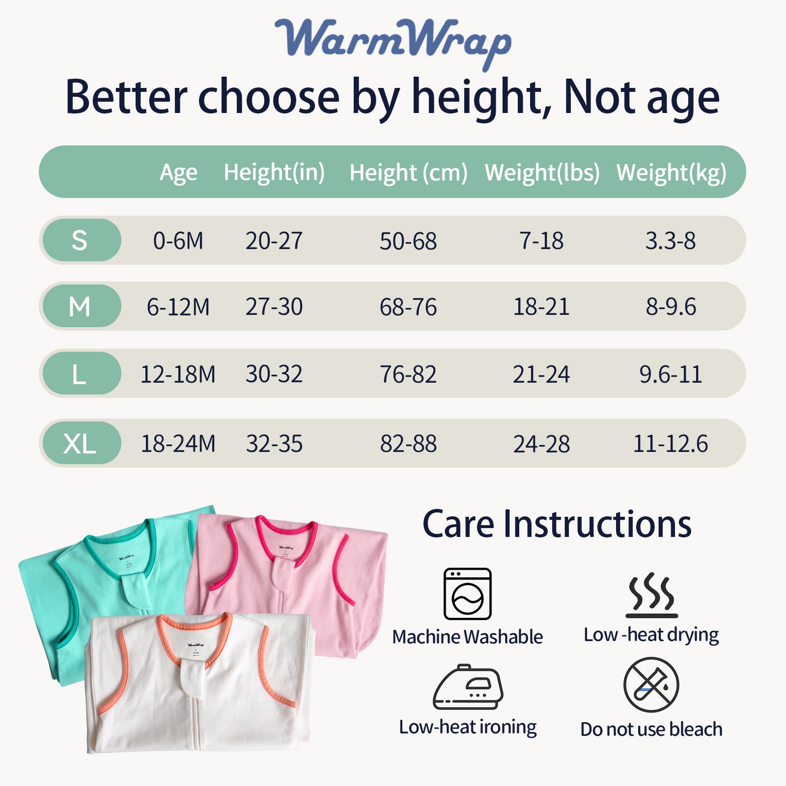WarmWrap 3 Pack-Lightweight Baby Sleep Sack 100% Cotton Breathable Unisex Sleeping Bag 2-Way Zipper Baby Wearable Blanket 0.5 Tog（Pink&green&cream）