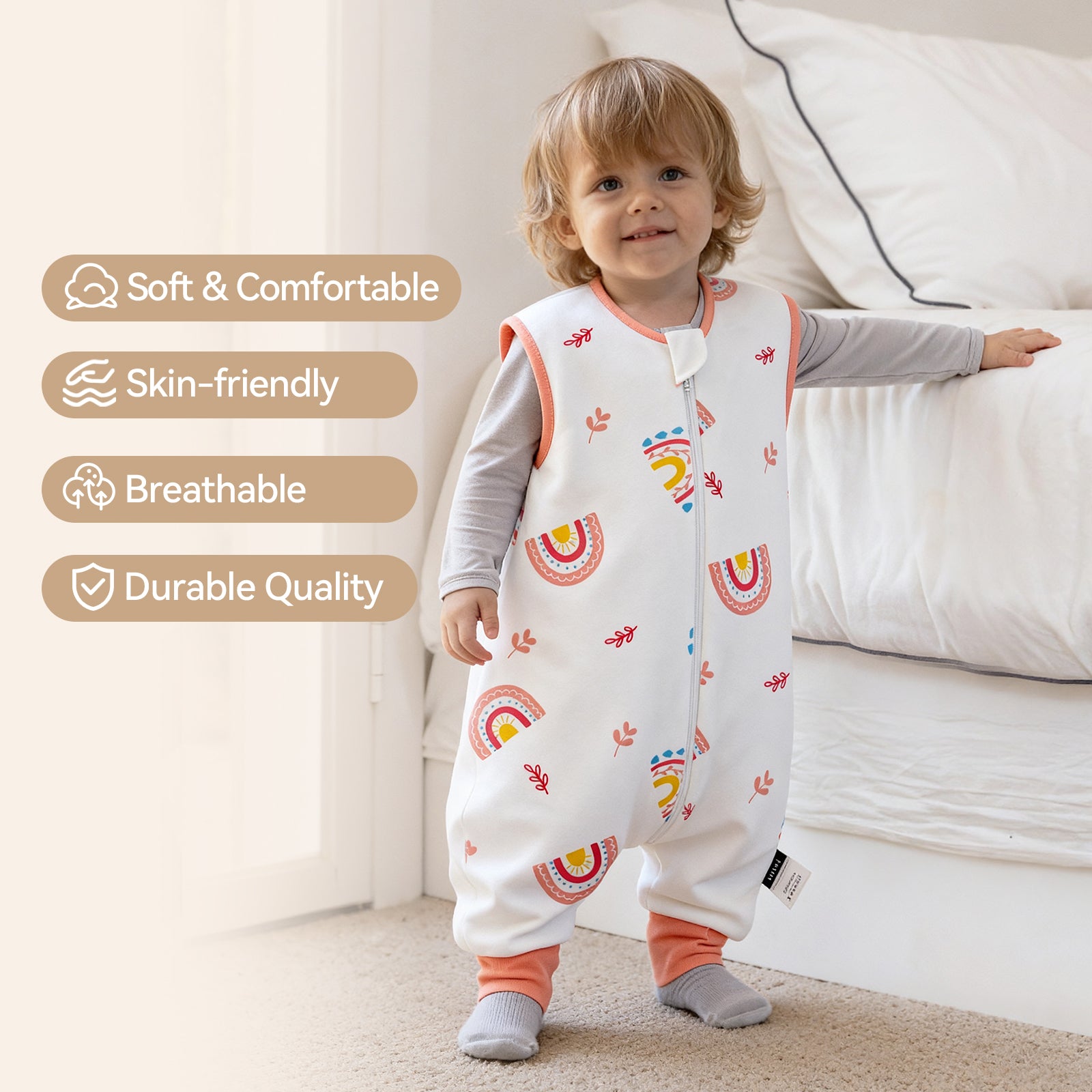 WarmWrap 3 Pack-0.5 Tog Lightweight Summer Toddler Sleep Sack with Feet 100% Cotton Breathable Sleep Sack with Legs 2-Way Zipper Wearable Blanket（Daisy&rainbow&cream）