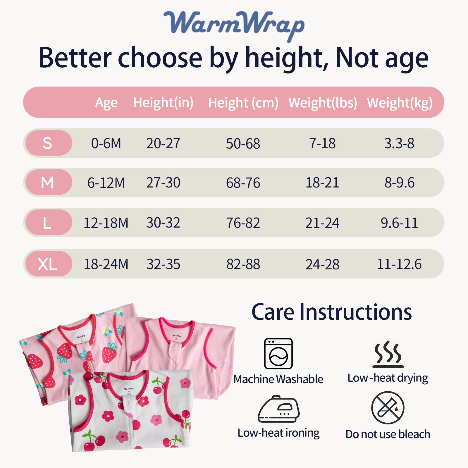 WarmWrap 3 Pack-Lightweight Baby Sleep Sack 100% Cotton Breathable Unisex Sleeping Bag 2-Way Zipper Baby Wearable Blanket 0.5 Tog（Straberry&cherry&pink）