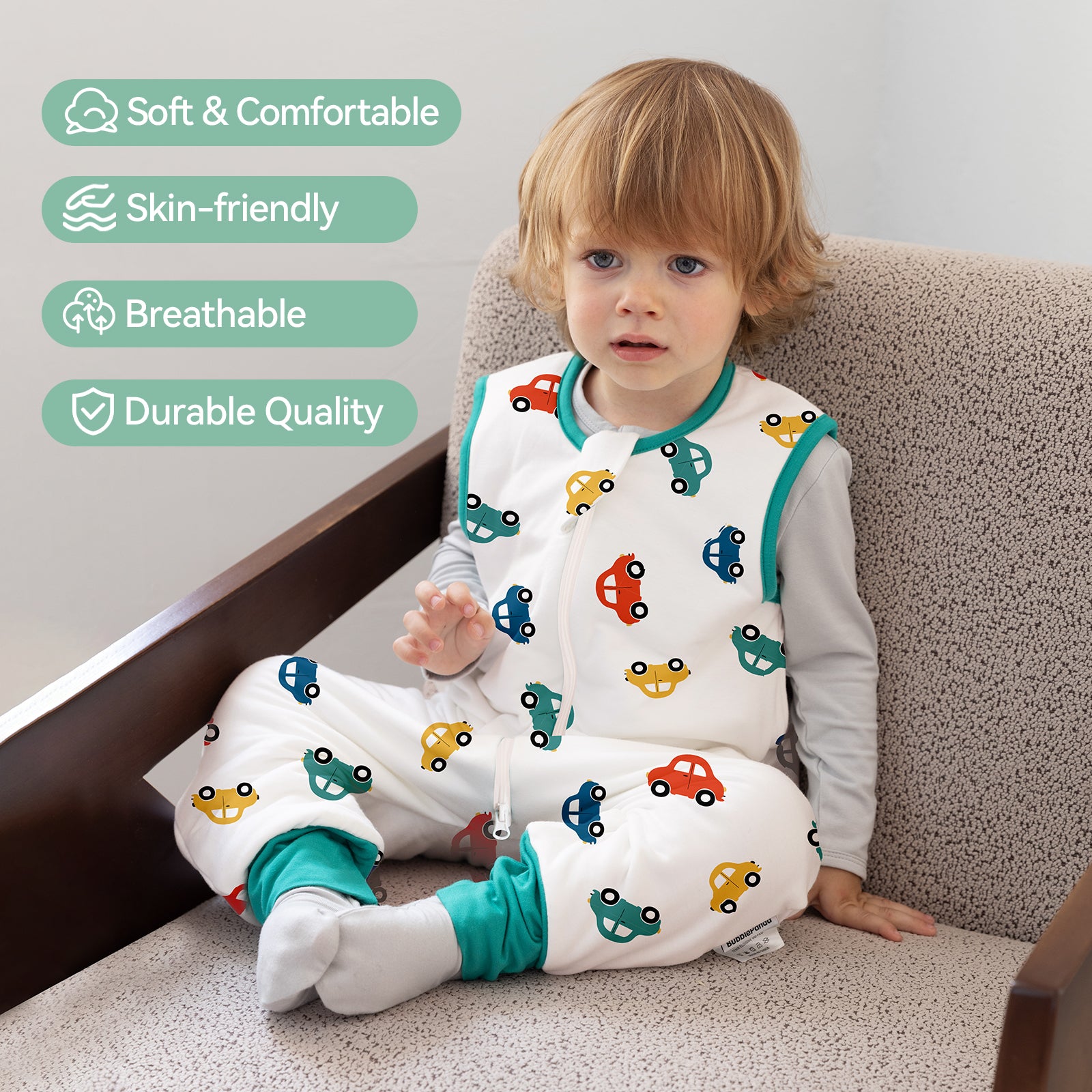 WarmWrap 3 Pack-0.5 Tog Lightweight Summer Toddler Sleep Sack with Feet 100% Cotton Breathable Sleep Sack with Legs 2-Way Zipper Wearable Blanket（Dinos&cars&green）