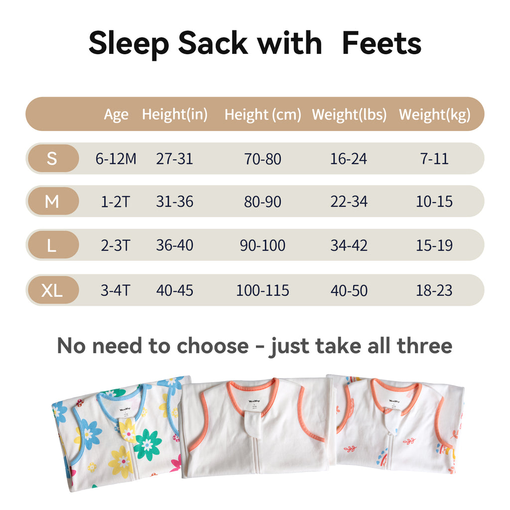 WarmWrap 3 Pack-0.5 Tog Lightweight Summer Toddler Sleep Sack with Feet 100% Cotton Breathable Sleep Sack with Legs 2-Way Zipper Wearable Blanket（Daisy&rainbow&cream）