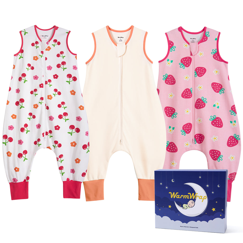 WarmWrap 3 Pack-0.5 Tog Lightweight Summer Toddler Sleep Sack with Feet 100% Cotton Breathable Sleep Sack with Legs 2-Way Zipper Wearable Blanket（Straberry&cherry&cream）