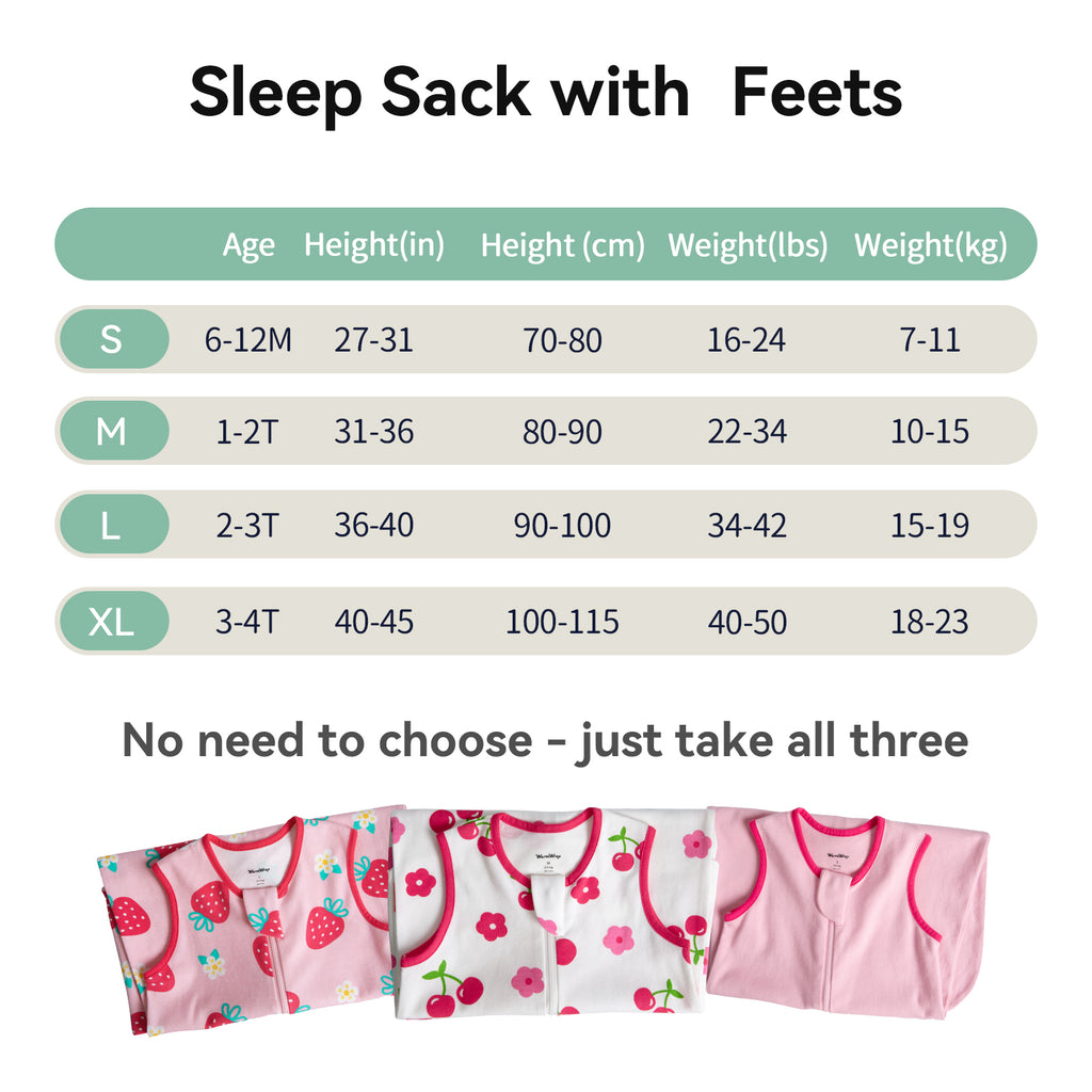 WarmWrap 3 Pack-0.5 Tog Lightweight Summer Toddler Sleep Sack with Feet 100% Cotton Breathable Sleep Sack with Legs 2-Way Zipper Wearable Blanket（Straberry&cherry&pink）