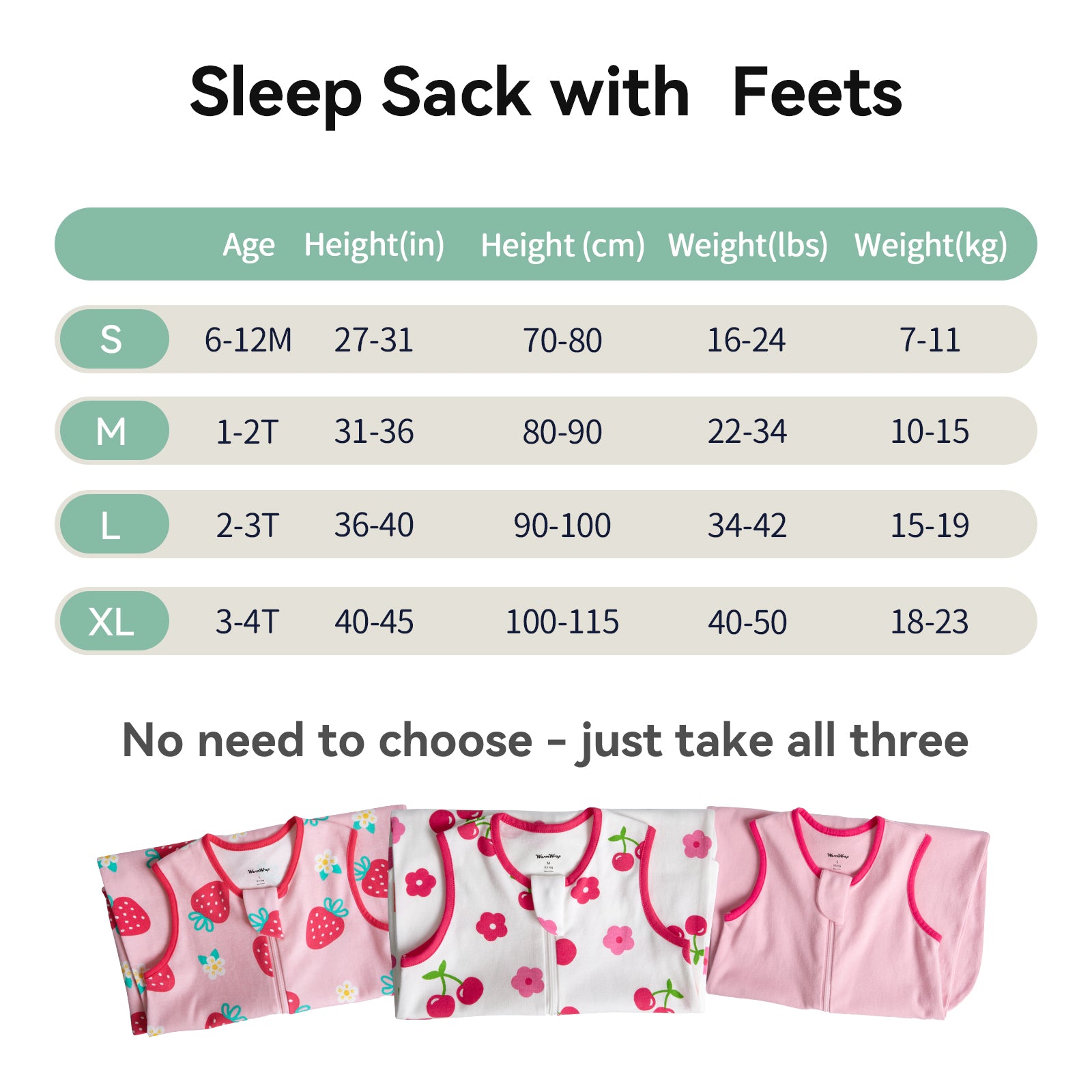WarmWrap 3 Pack-0.5 Tog Lightweight Summer Toddler Sleep Sack with Feet 100% Cotton Breathable Sleep Sack with Legs 2-Way Zipper Wearable Blanket（Straberry&cherry&pink）