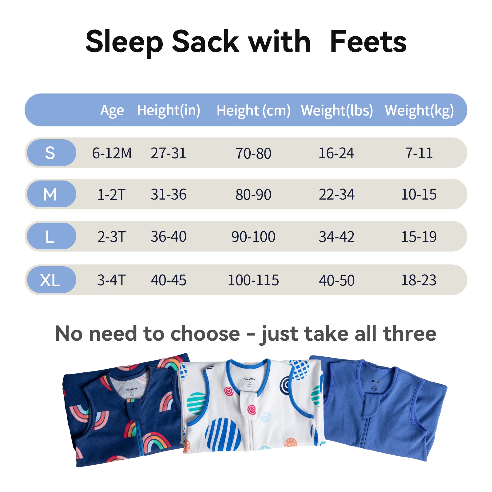 WarmWrap 3 Pack-0.5 Tog Lightweight Summer Toddler Sleep Sack with Feet 100% Cotton Breathable Sleep Sack with Legs 2-Way Zipper Wearable Blanket（Rainbow&dots&blue）