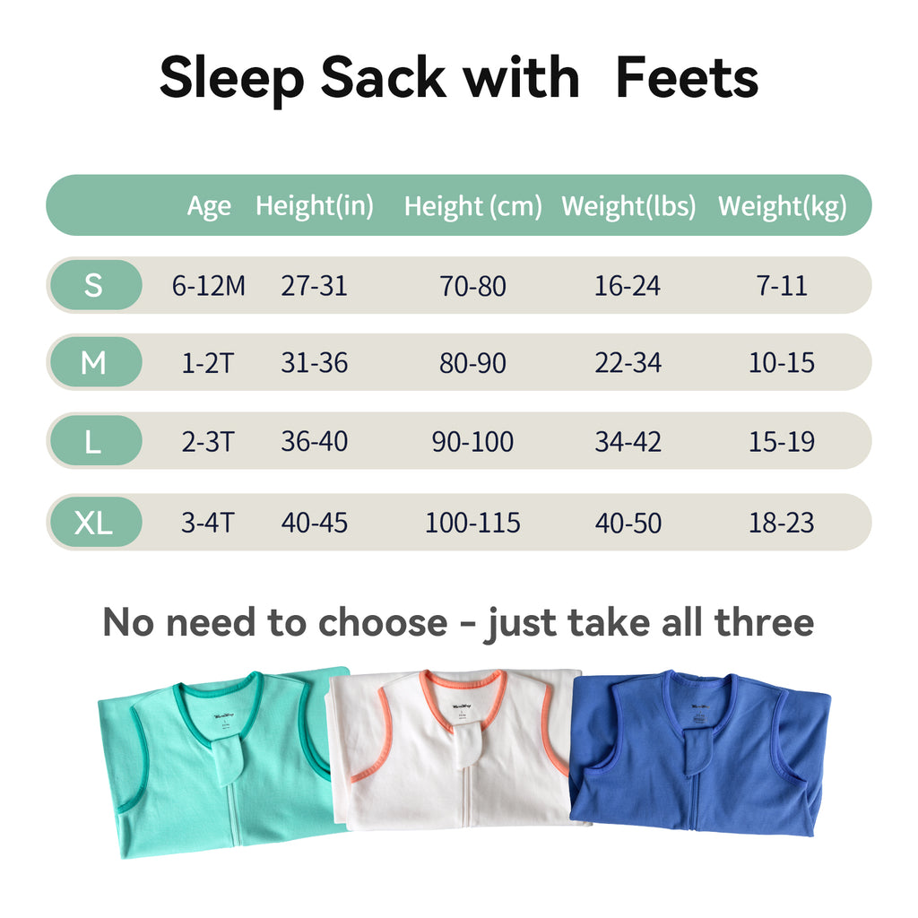WarmWrap 3 Pack-0.5 Tog Lightweight Summer Toddler Sleep Sack with Feet 100% Cotton Breathable Sleep Sack with Legs 2-Way Zipper Wearable Blanket（Green&blue&cream）