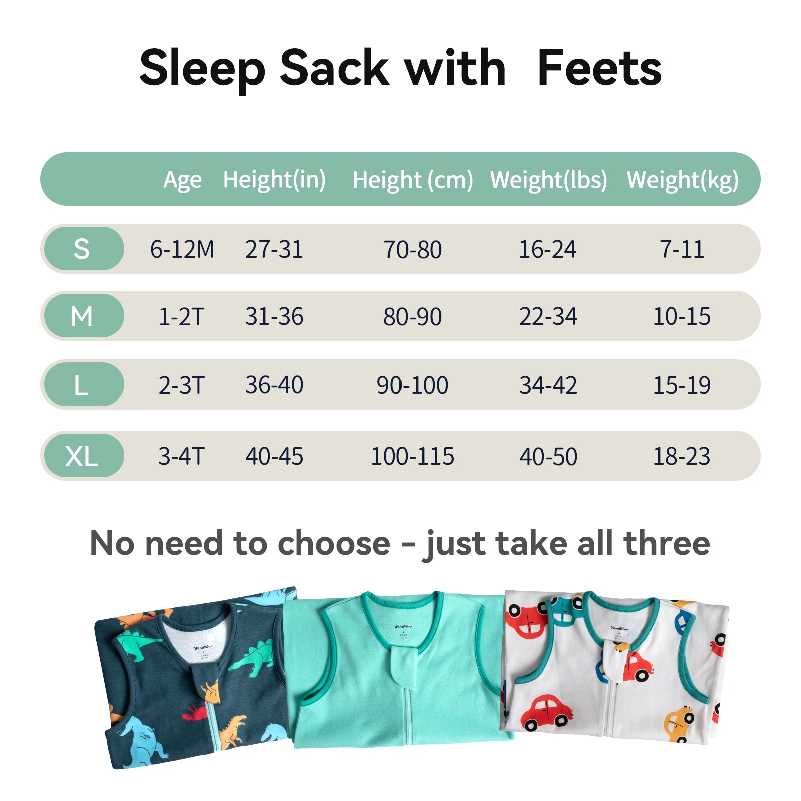 WarmWrap 3 Pack-0.5 Tog Lightweight Summer Toddler Sleep Sack with Feet 100% Cotton Breathable Sleep Sack with Legs 2-Way Zipper Wearable Blanket（Dinos&cars&green）