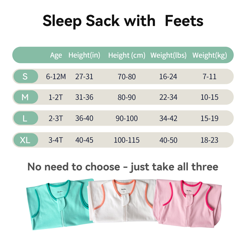 WarmWrap 3 Pack-0.5 Tog Lightweight Summer Toddler Sleep Sack with Feet 100% Cotton Breathable Sleep Sack with Legs 2-Way Zipper Wearable Blanket（Pink&green&cream）
